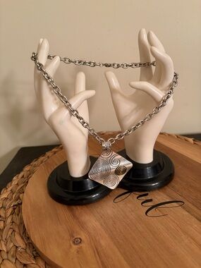 Sterling-Tone Spiral Square Pendant Necklace with Gold Accent